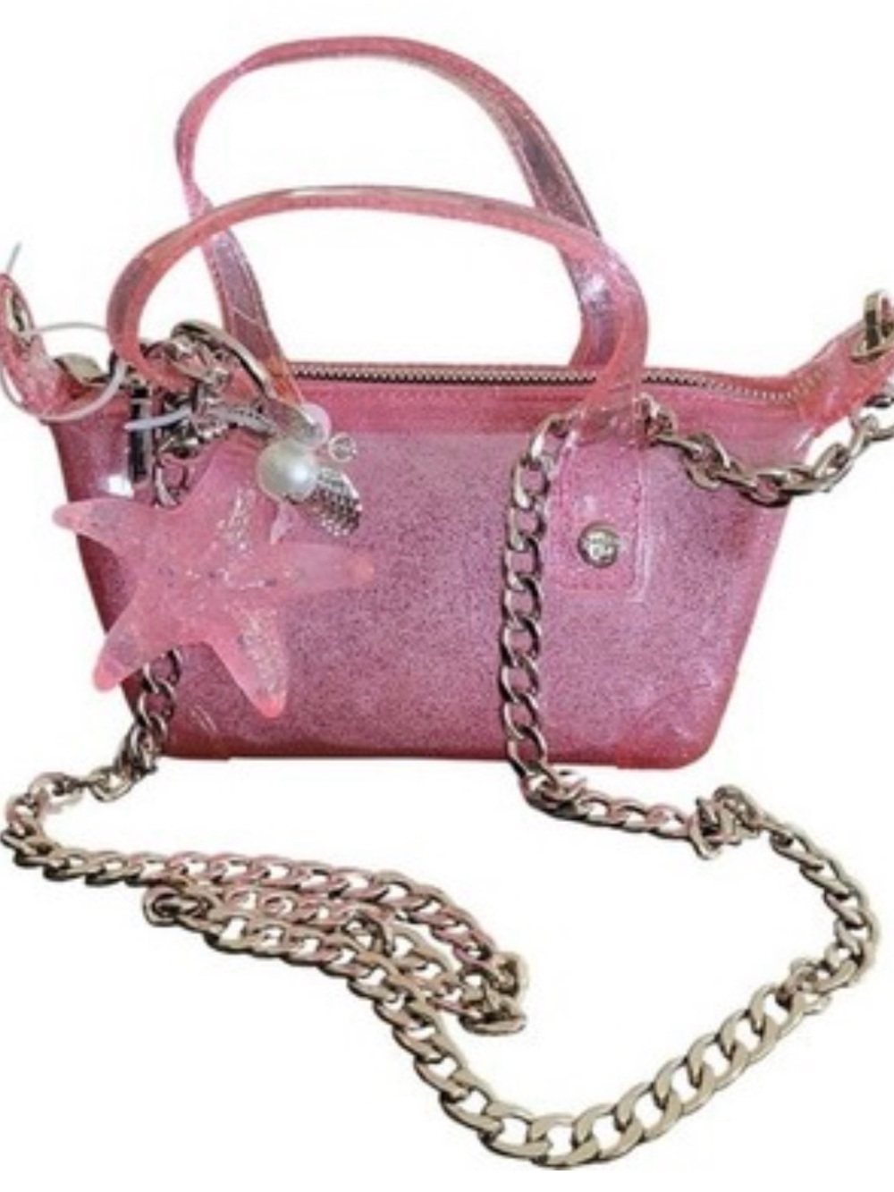 Madden Girl Pink Jelly Glitter Crossbody Tote Bag with Chain Strap Y2K